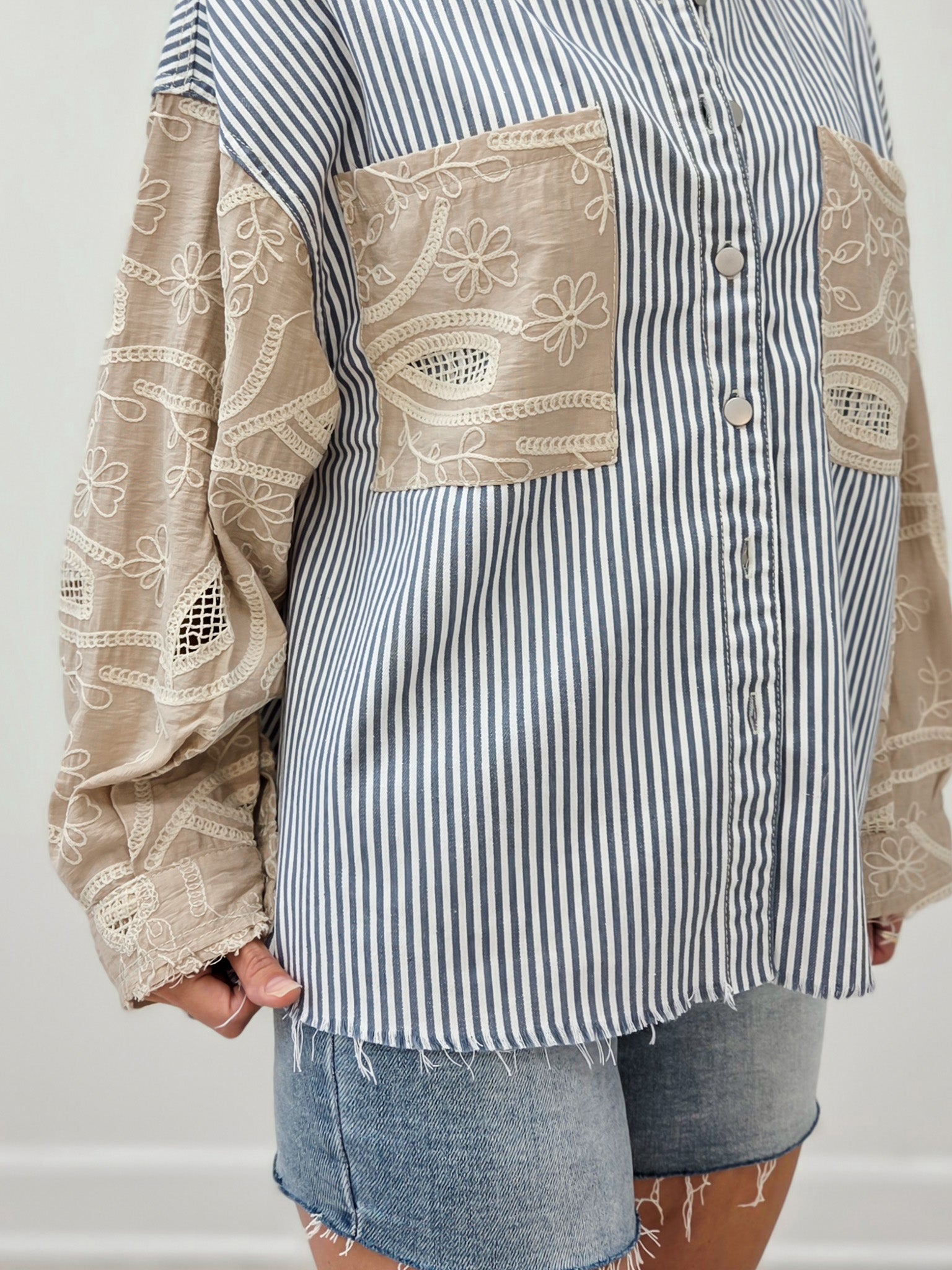 Twill Fabric Button Down Closure Blue Stripe Jacket