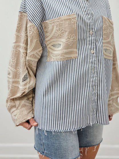 Twill Fabric Button Down Closure Blue Stripe Jacket