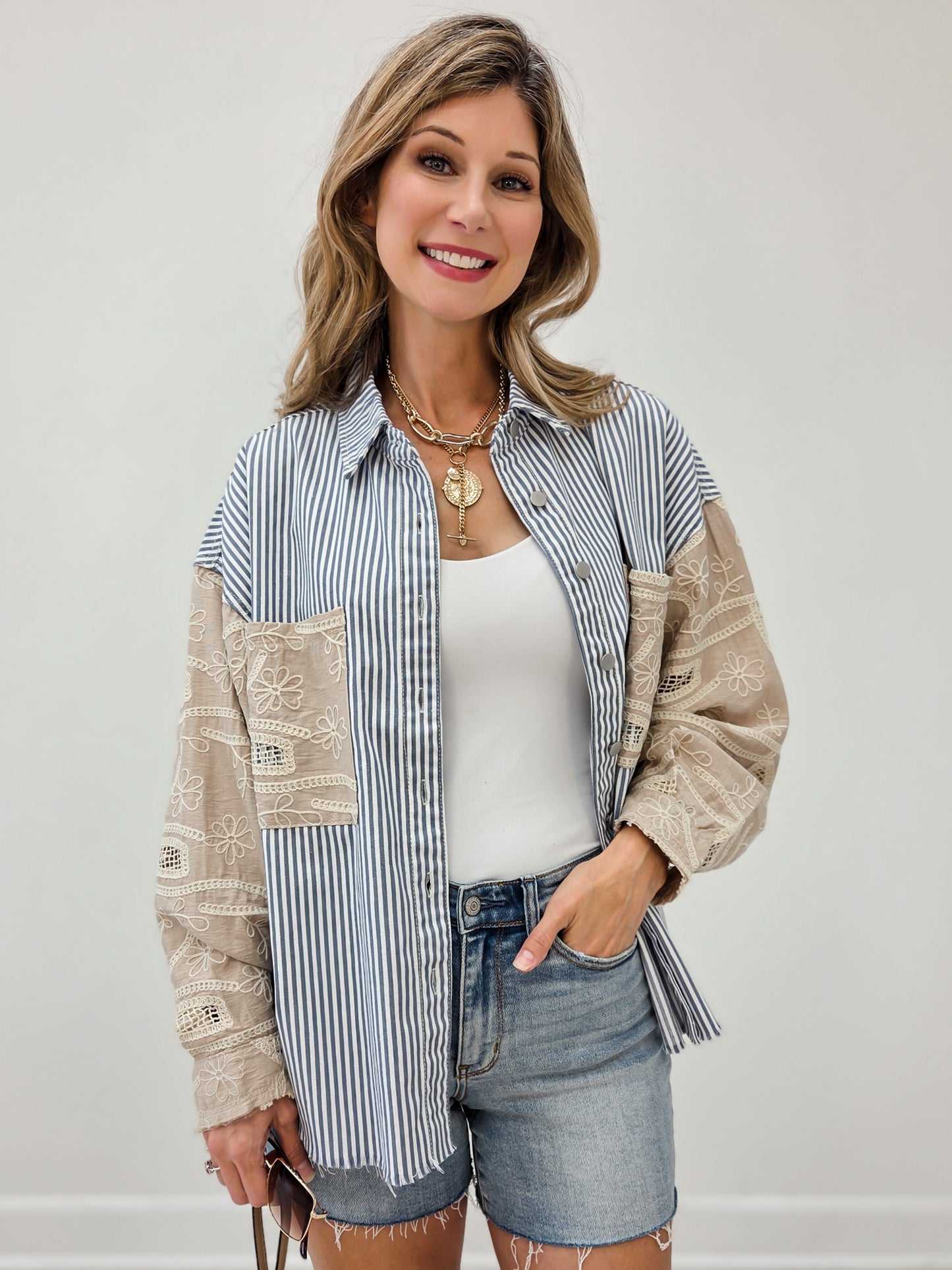 Twill Fabric Button Down Closure Blue Stripe Jacket