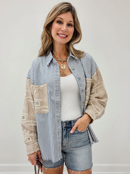 Twill Fabric Button Down Closure Blue Stripe Jacket