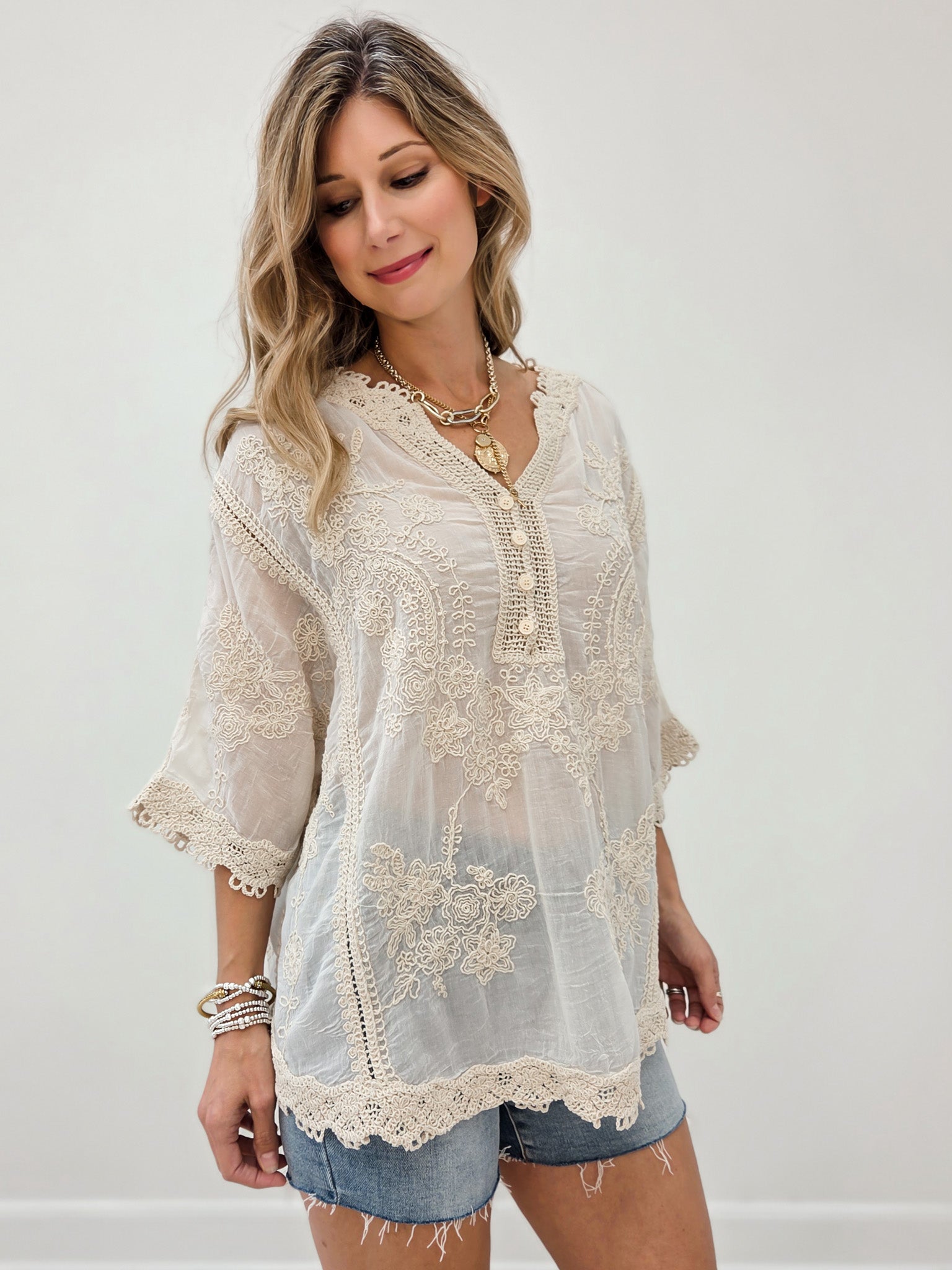 Relaxed Linen Blend Embroidered Top