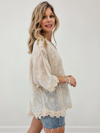 Relaxed Linen Blend Embroidered Top