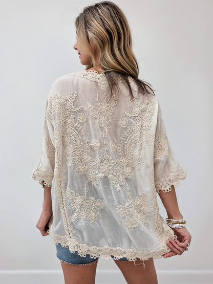 Relaxed Linen Blend Embroidered Top