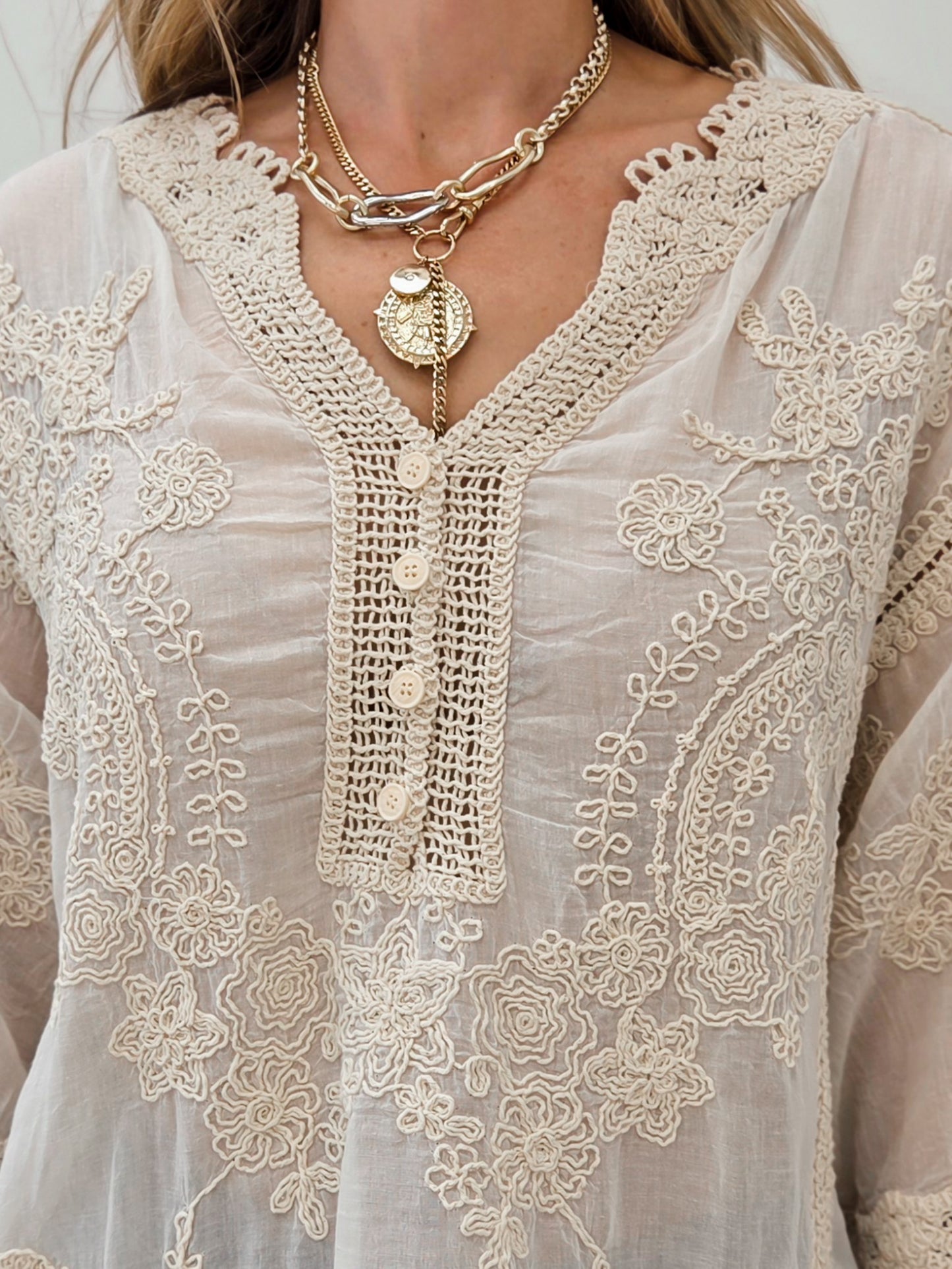 Relaxed Linen Blend Embroidered Top