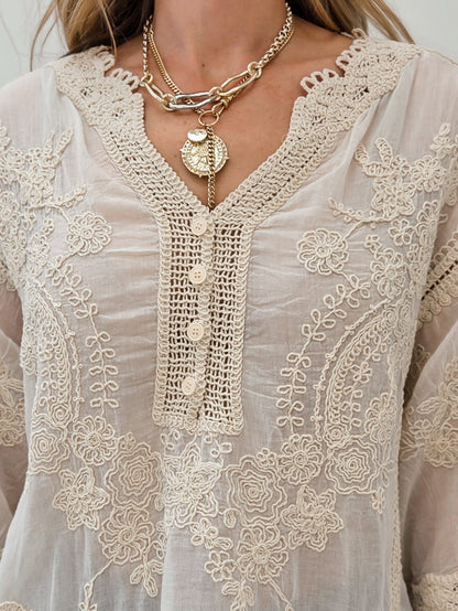 Relaxed Linen Blend Embroidered Top