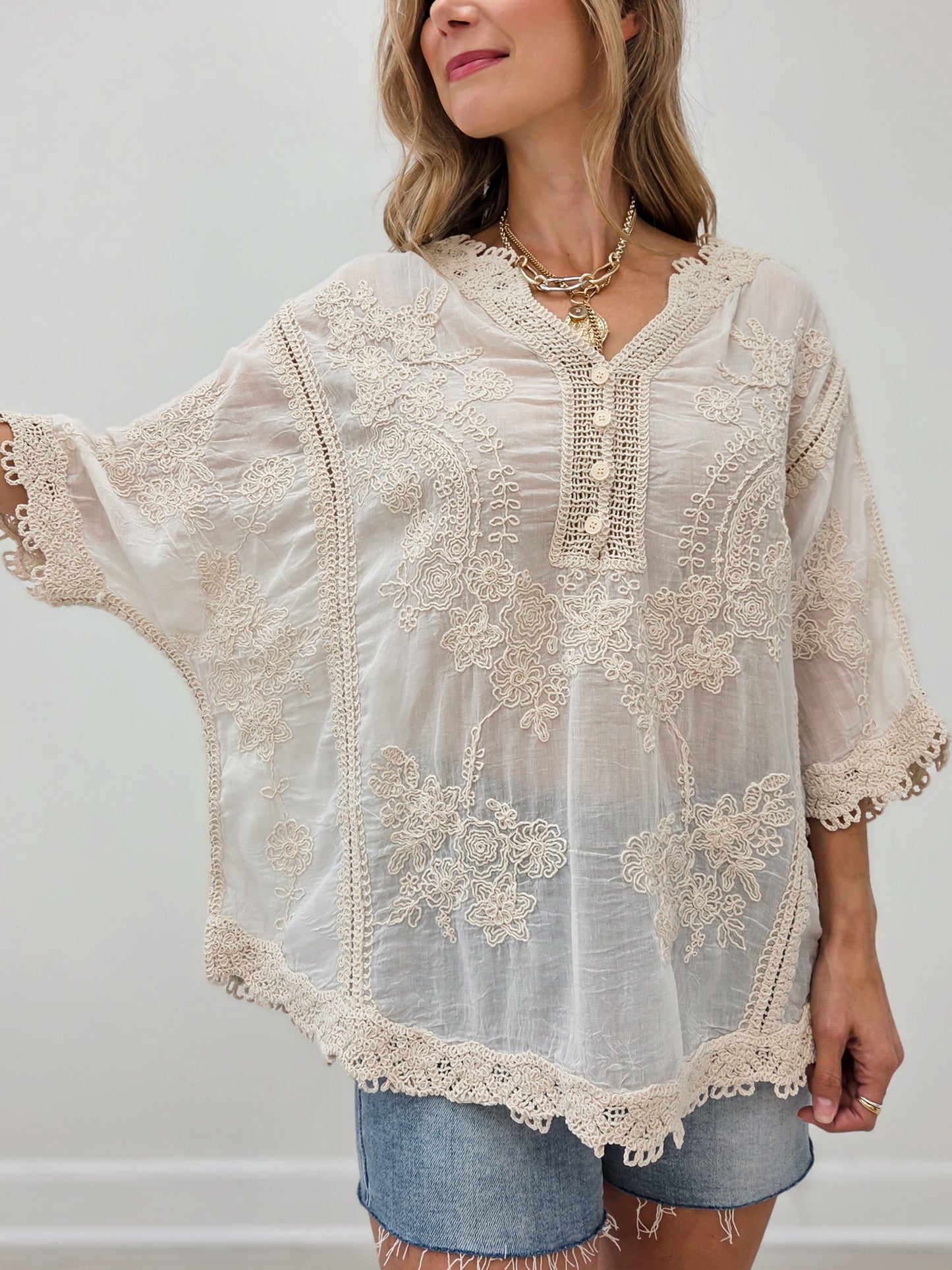 Relaxed Linen Blend Embroidered Top