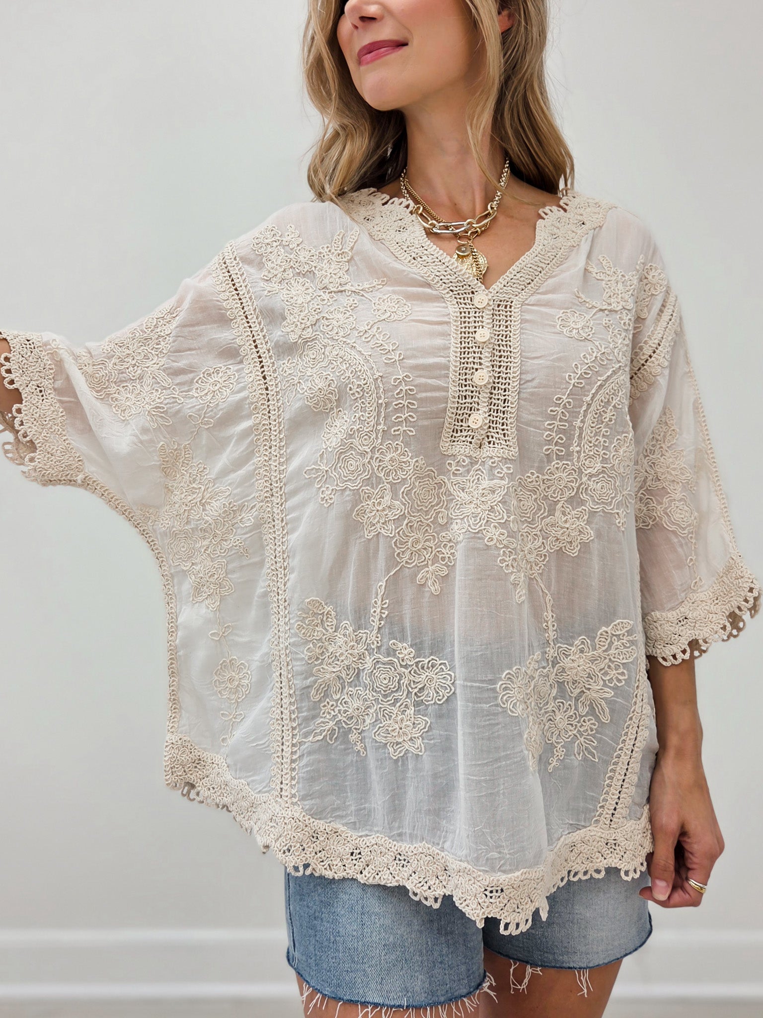 Relaxed Linen Blend Embroidered Top