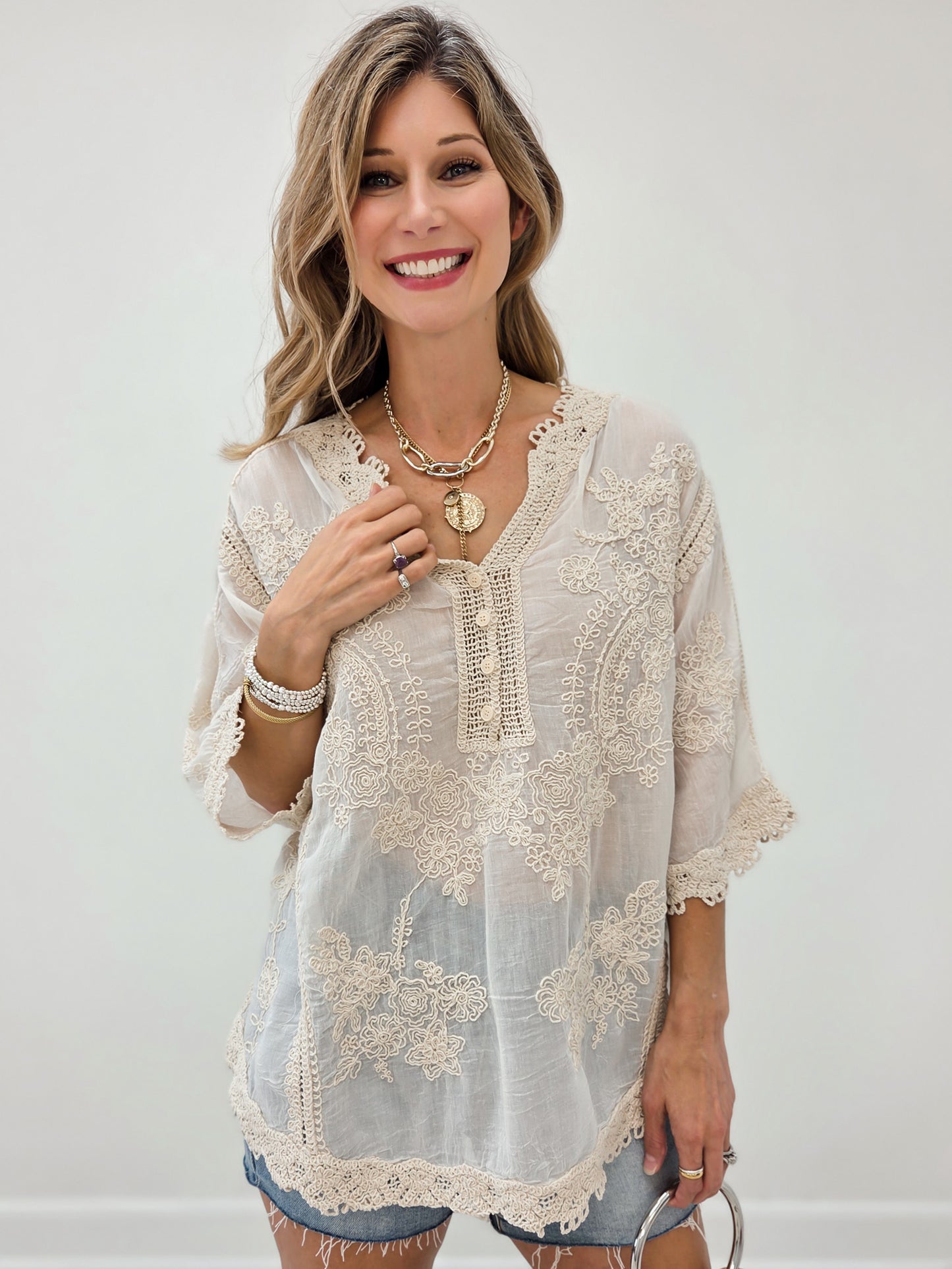 Relaxed Linen Blend Embroidered Top