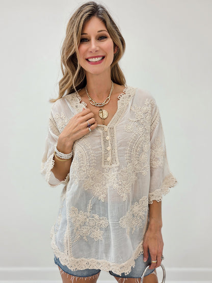Relaxed Linen Blend Embroidered Top