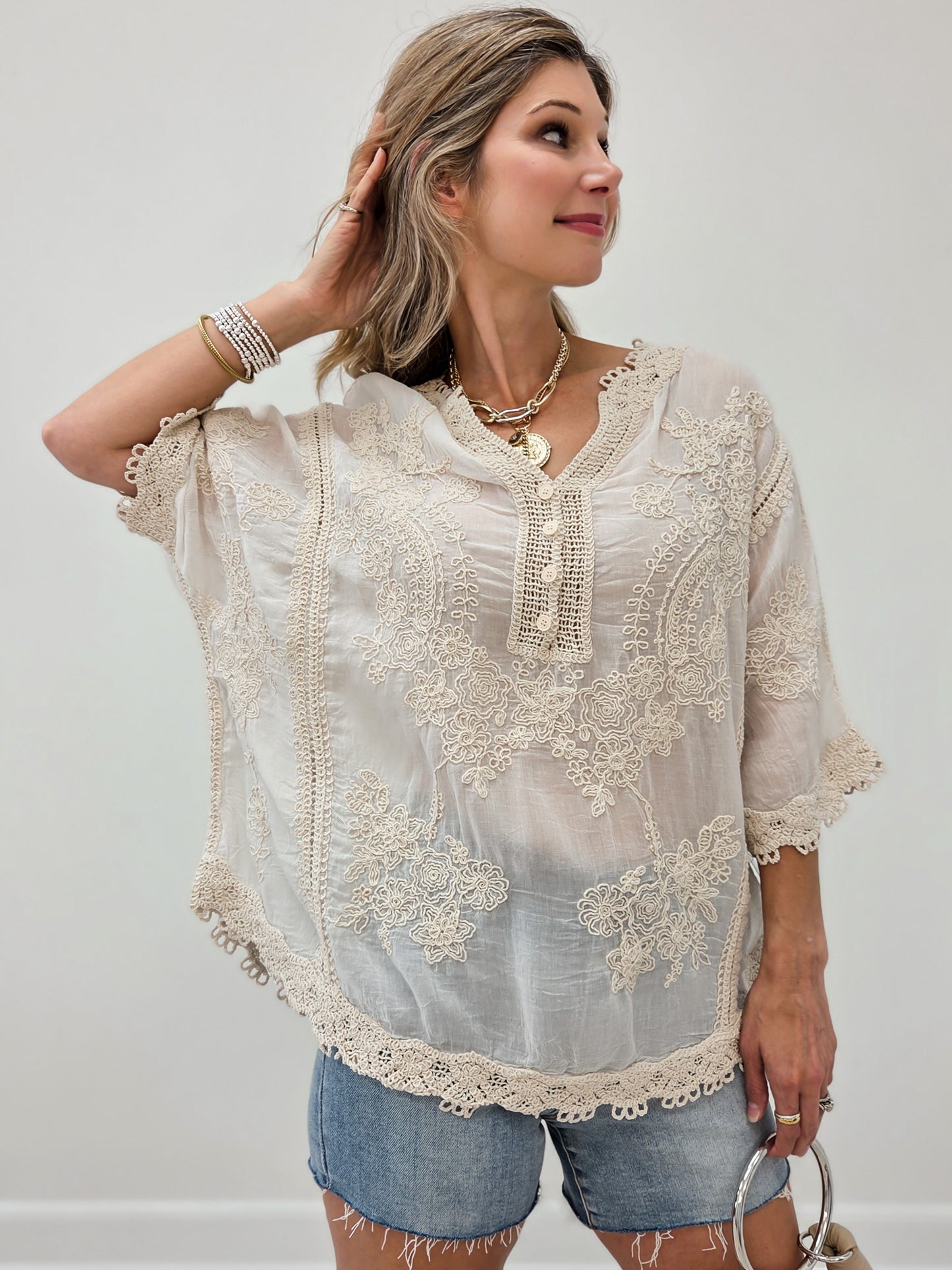 Relaxed Linen Blend Embroidered Top