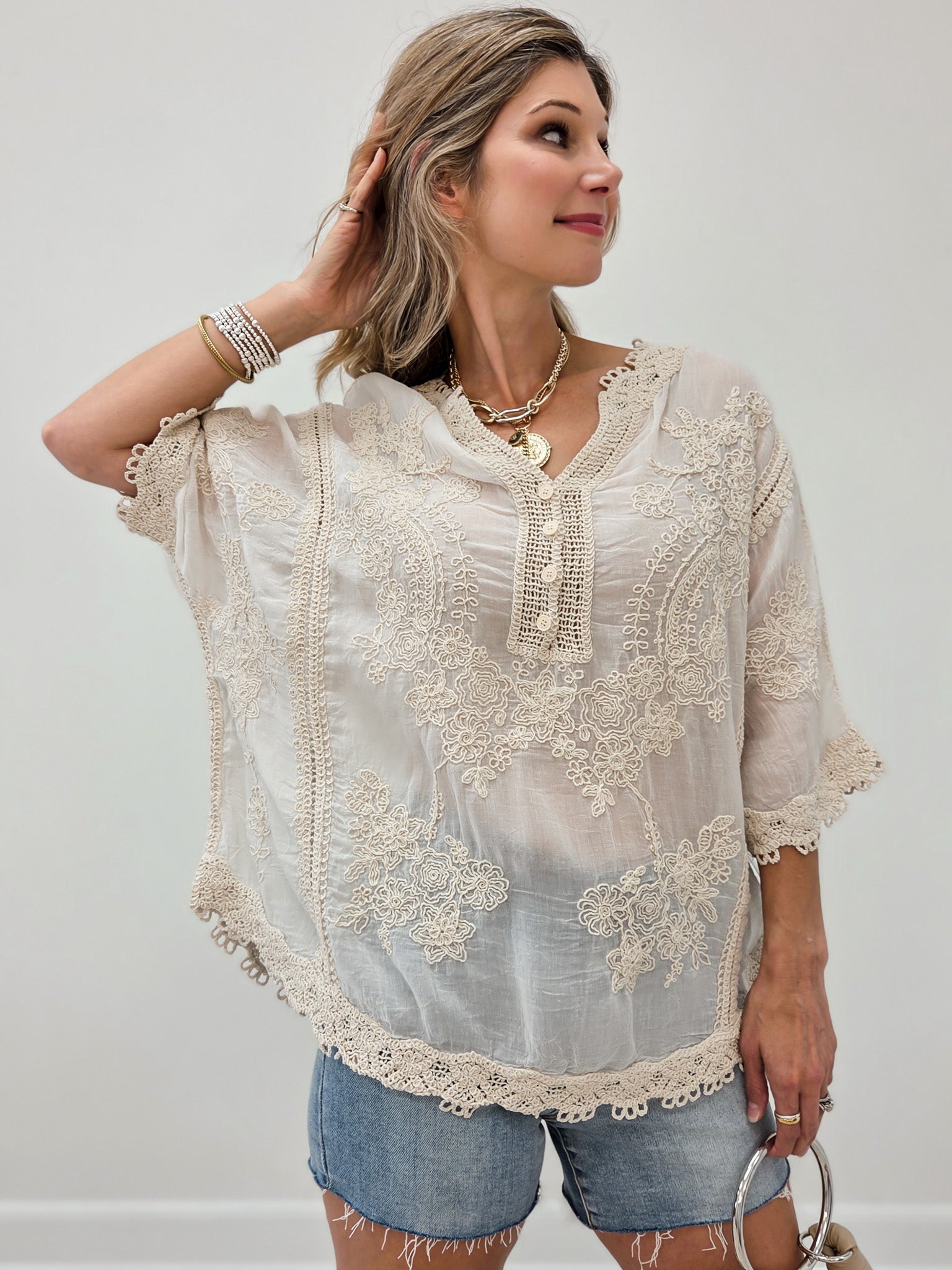 Relaxed Linen Blend Embroidered Top