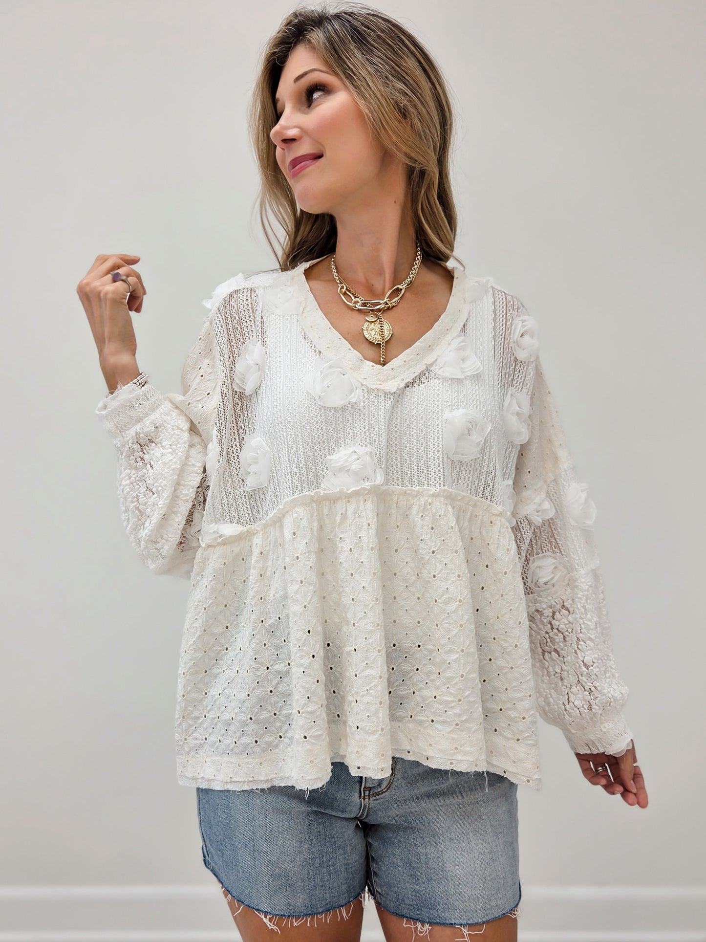 Cotton Eyelet Ruffle Top with Balloon Sleeves and V-Neckline