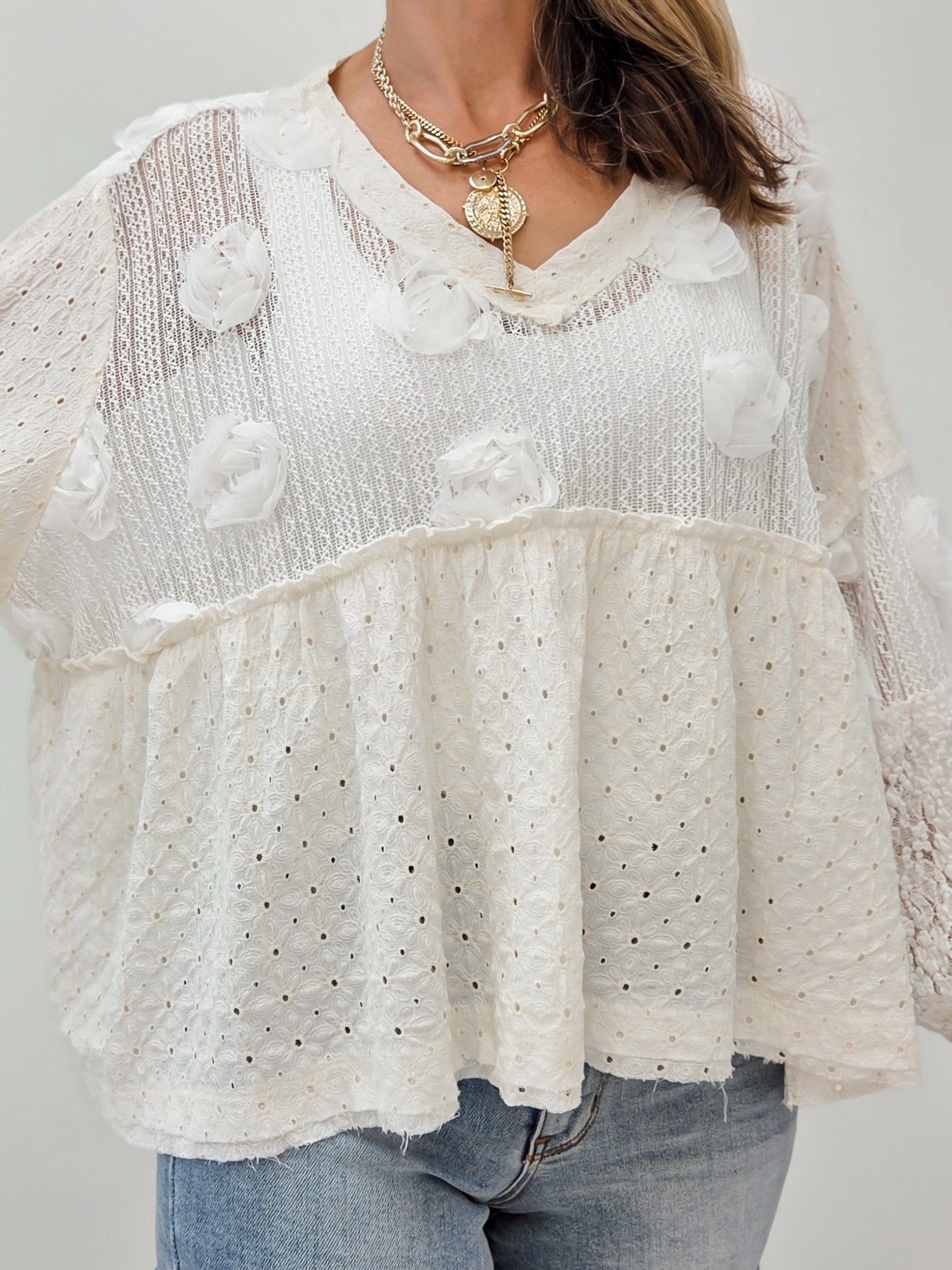 Cotton Eyelet Ruffle Top with Balloon Sleeves and V-Neckline
