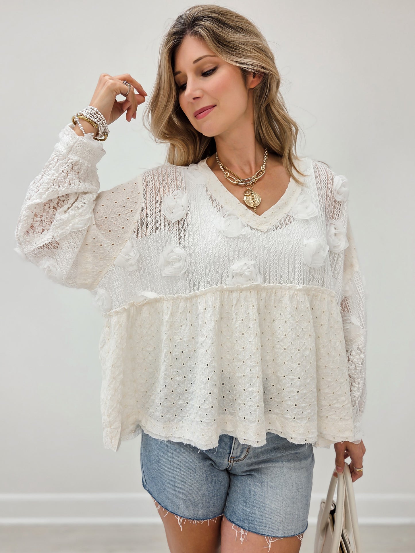 Cotton Eyelet Ruffle Top with Balloon Sleeves and V-Neckline