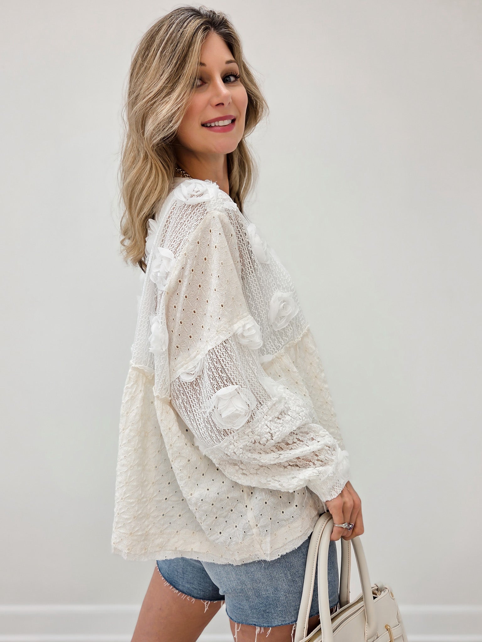 Cotton Eyelet Ruffle Top with Balloon Sleeves and V-Neckline