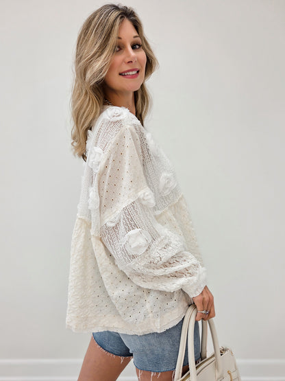 Cotton Eyelet Ruffle Top with Balloon Sleeves and V-Neckline
