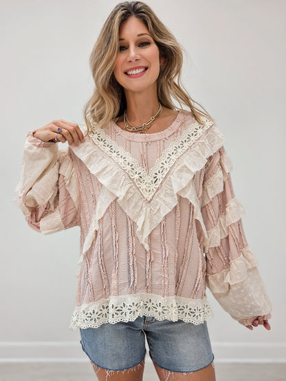 Layered Lace Accent Long Sleeve Top