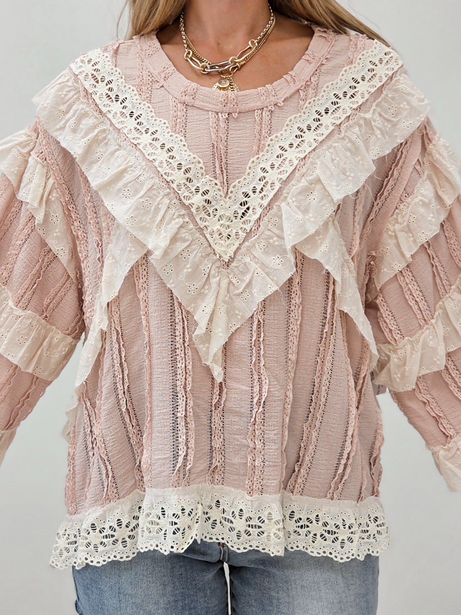 Layered Lace Accent Long Sleeve Top