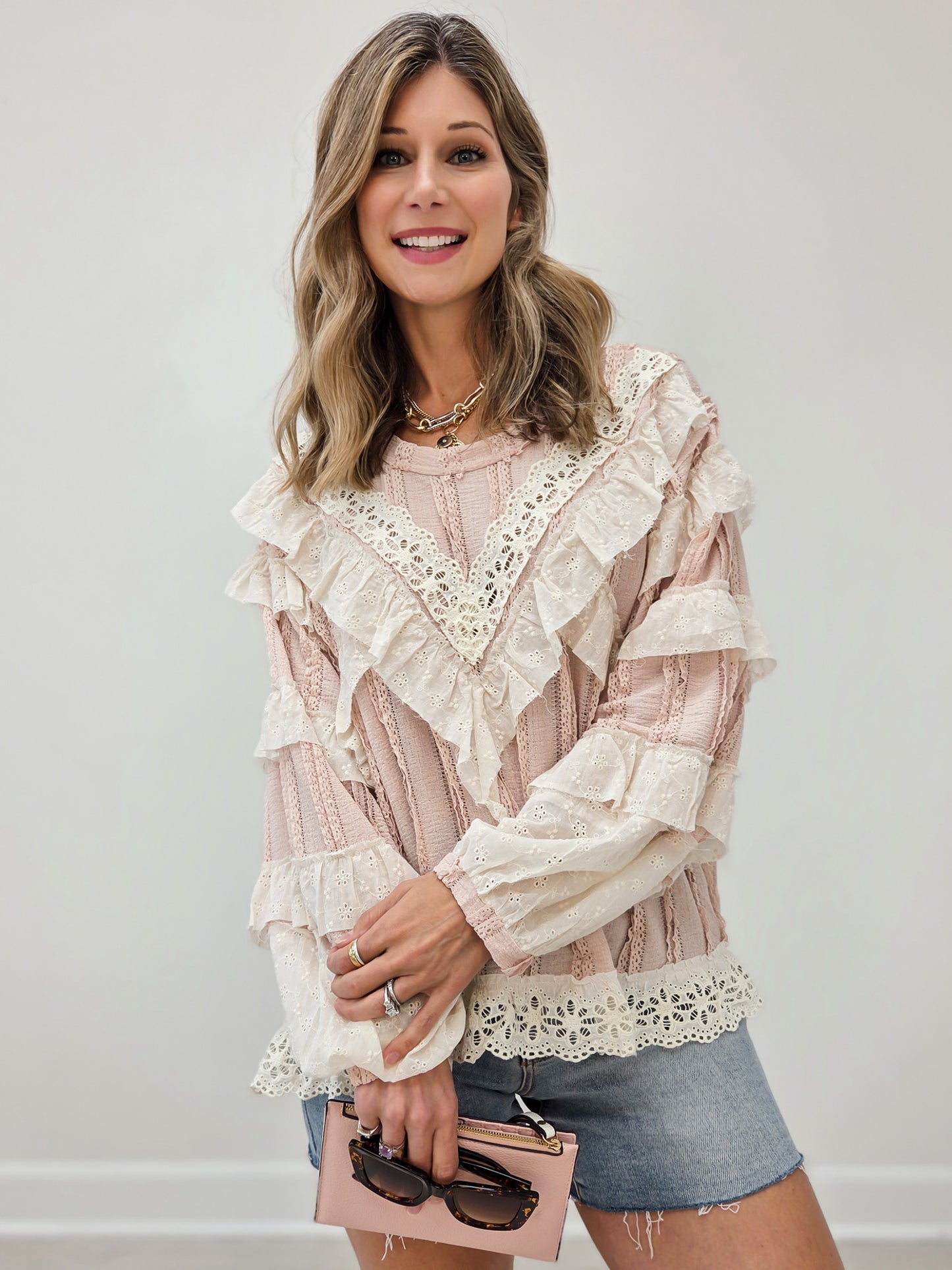 Layered Lace Accent Long Sleeve Top