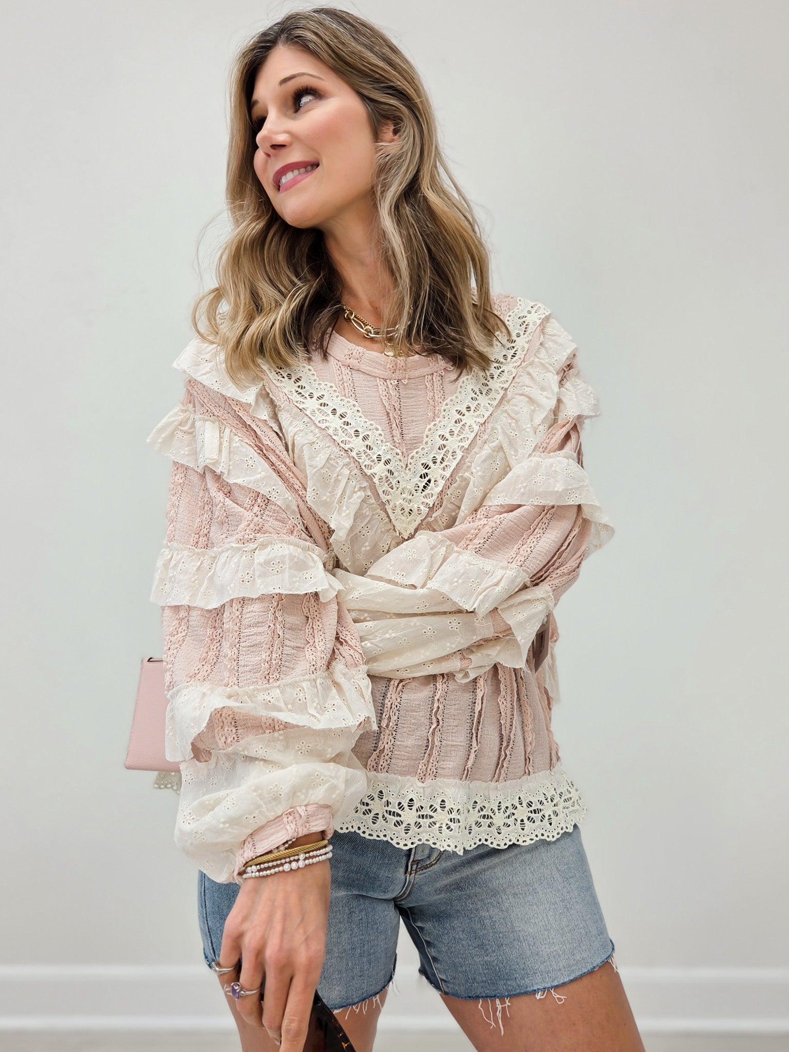 Layered Lace Accent Long Sleeve Top