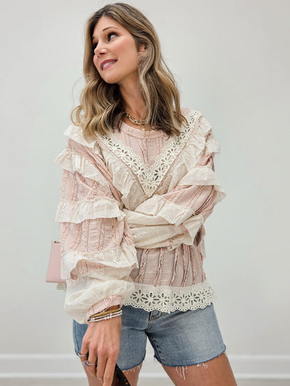 Layered Lace Accent Long Sleeve Top