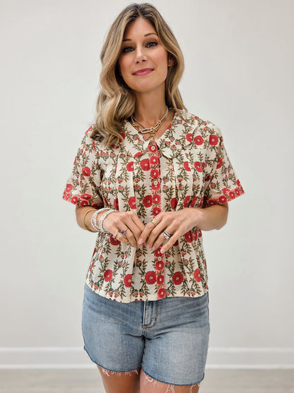 Floral Print Flowy A-Line Fit Top with Scalloped Collar