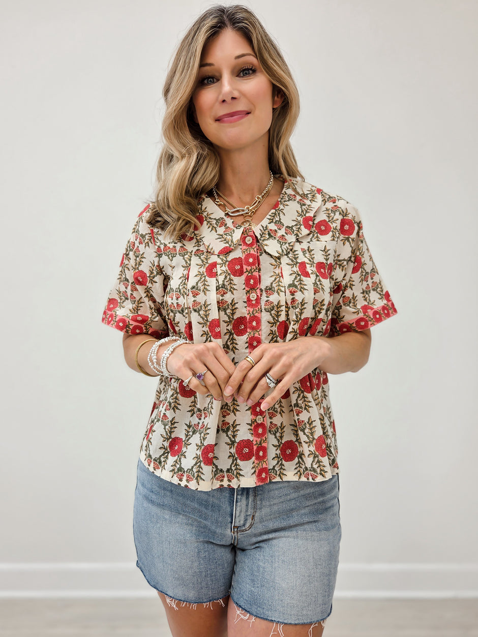 Floral Print Flowy A-Line Fit Top with Scalloped Collar