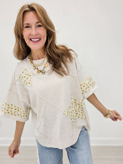Short Sleeve Relaxed Fit Cotton Top with Star Floral Patches