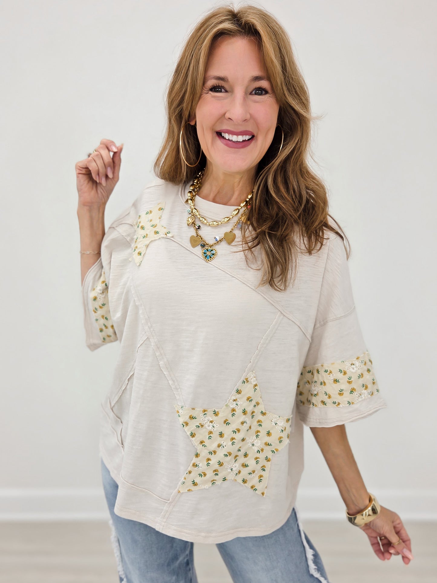 Short Sleeve Relaxed Fit Cotton Top with Star Floral Patches