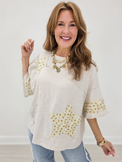 Short Sleeve Relaxed Fit Cotton Top with Star Floral Patches