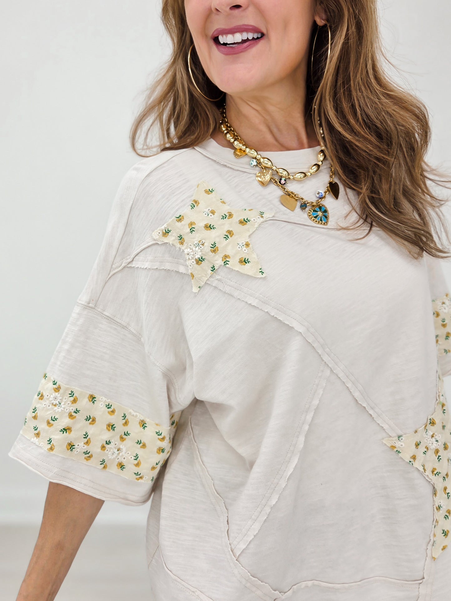 Short Sleeve Relaxed Fit Cotton Top with Star Floral Patches