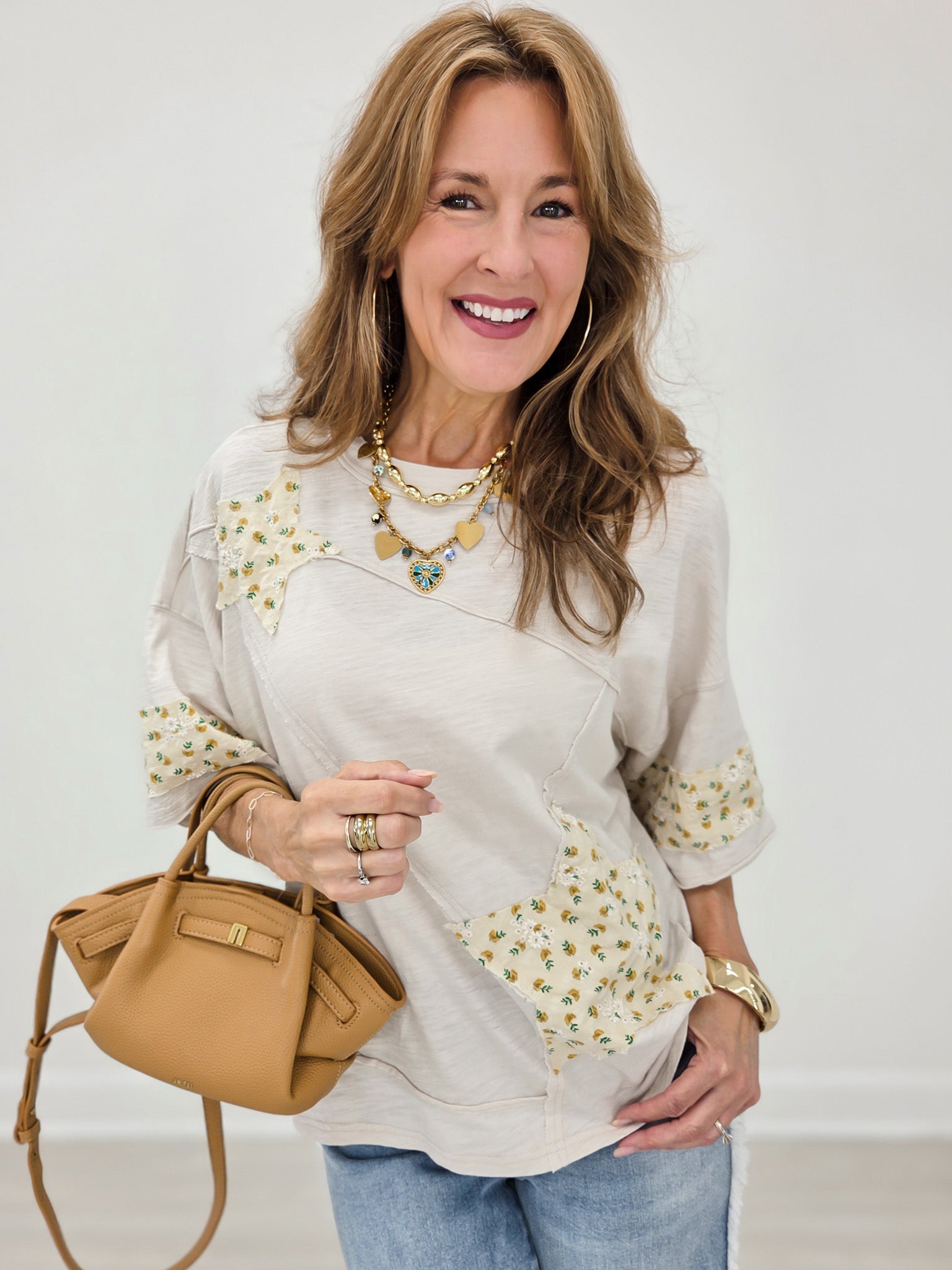 Short Sleeve Relaxed Fit Cotton Top with Star Floral Patches