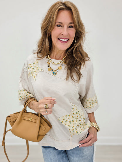 Short Sleeve Relaxed Fit Cotton Top with Star Floral Patches