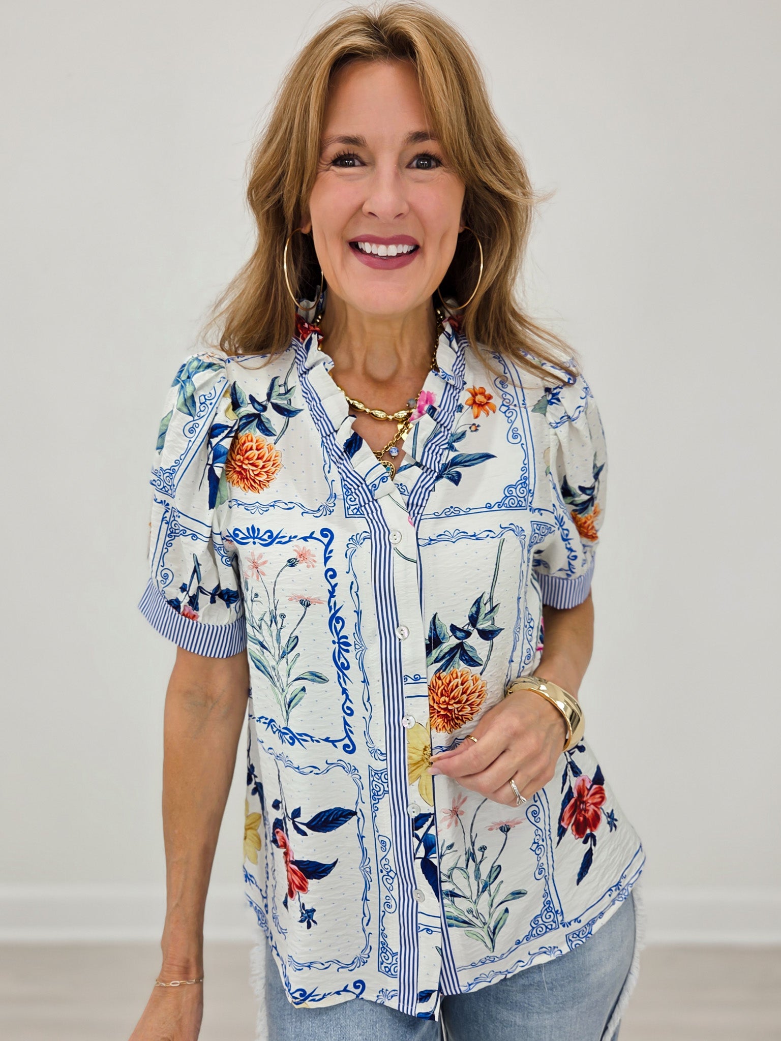 Ruffled Neckline Button Down Floral Top
