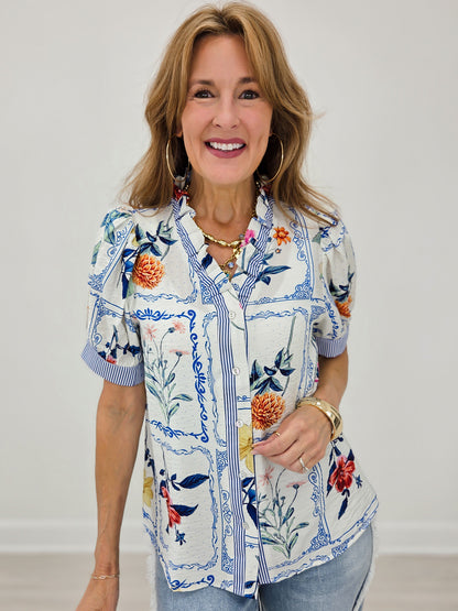 Ruffled Neckline Button Down Floral Top