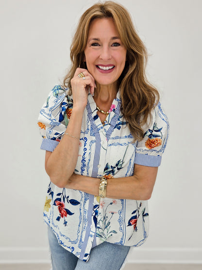 Ruffled Neckline Button Down Floral Top