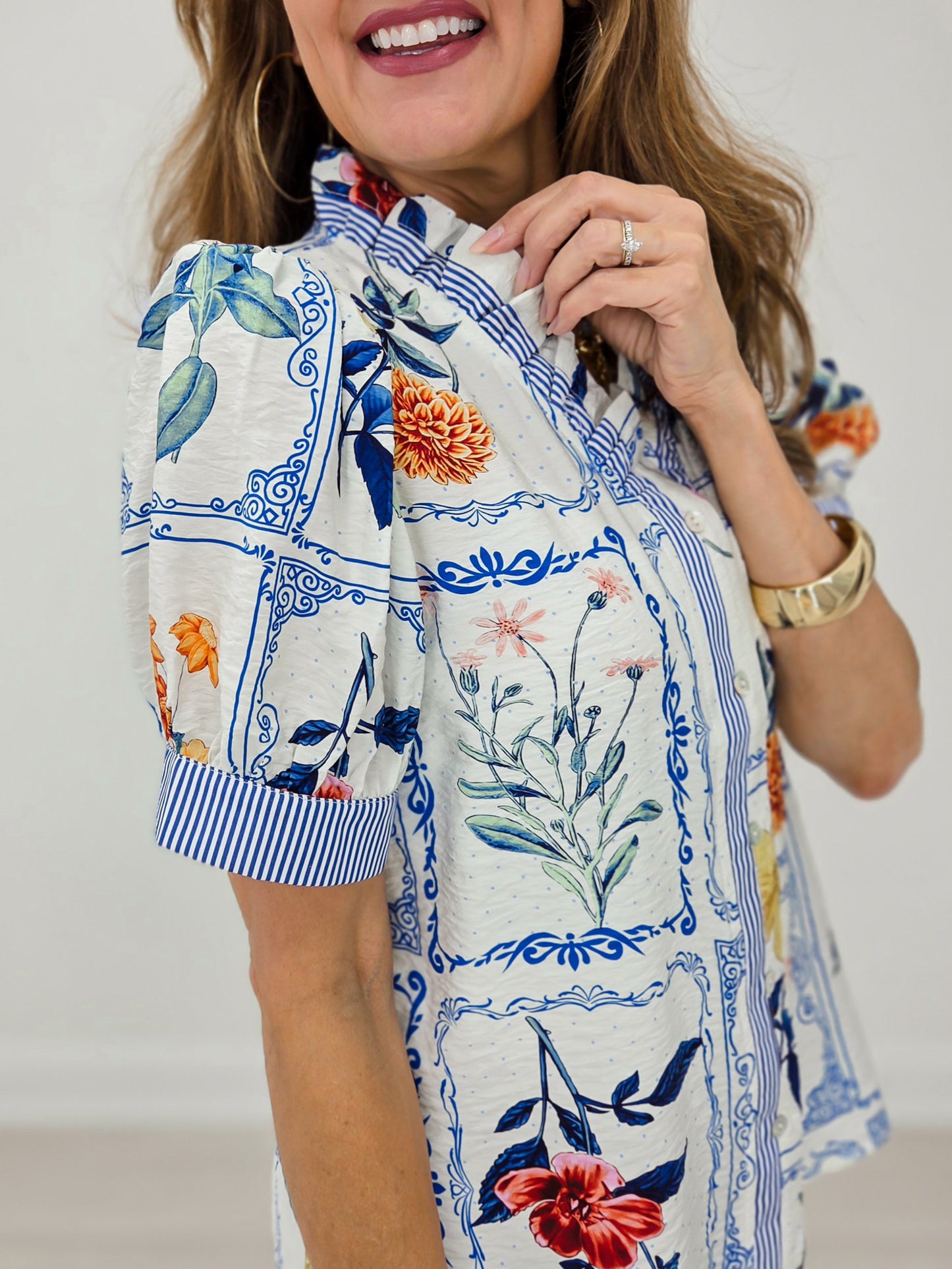 Ruffled Neckline Button Down Floral Top
