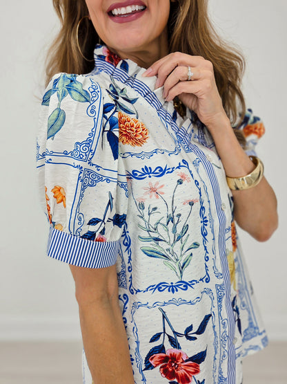 Ruffled Neckline Button Down Floral Top