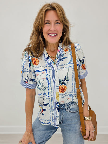 Ruffled Neckline Button Down Floral Top