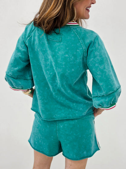 Color Band Edge Detail Washed Top with Matching Shorts