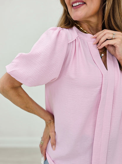 Short Bubble Sleeve V-Neck Top