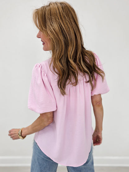 Short Bubble Sleeve V-Neck Top