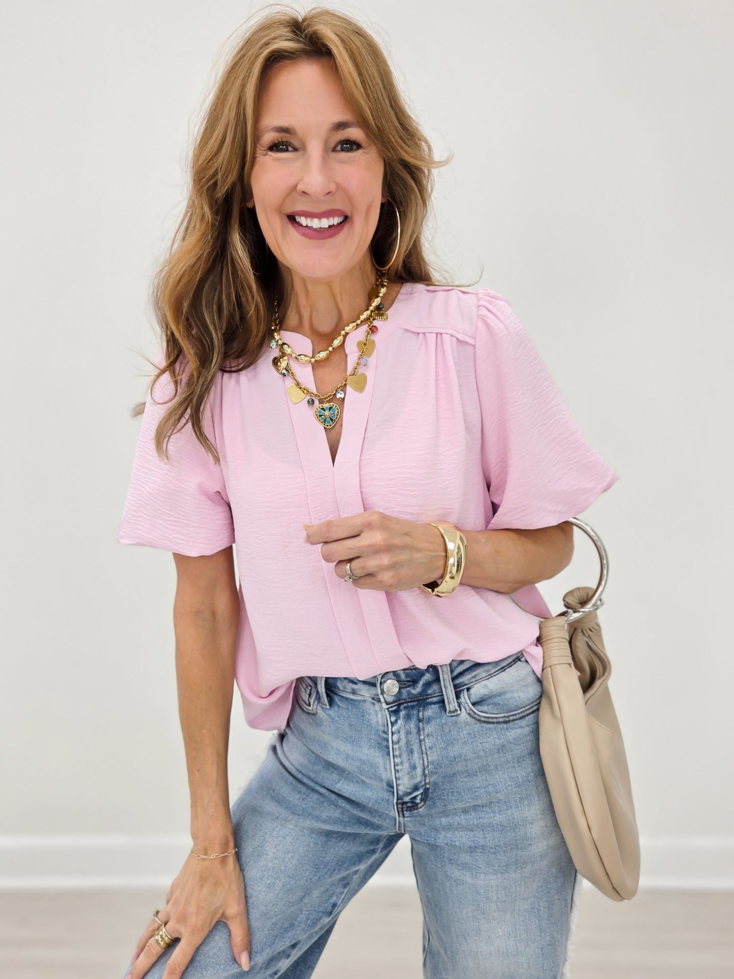 Short Bubble Sleeve V-Neck Top
