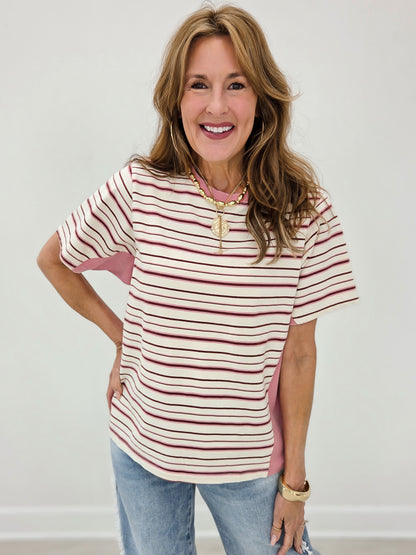 Striped Cotton Jersey Knit Short Sleeve Top