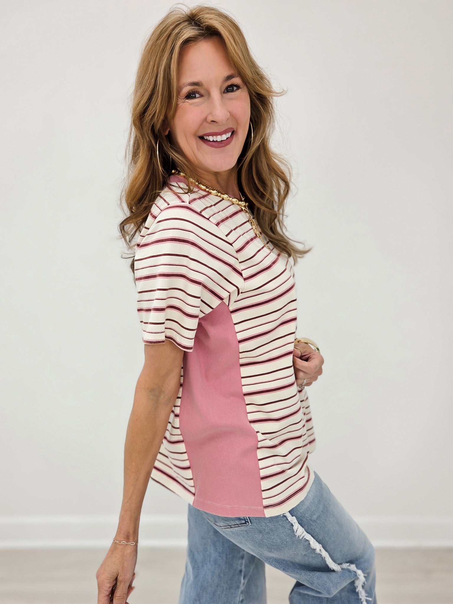Striped Cotton Jersey Knit Short Sleeve Top