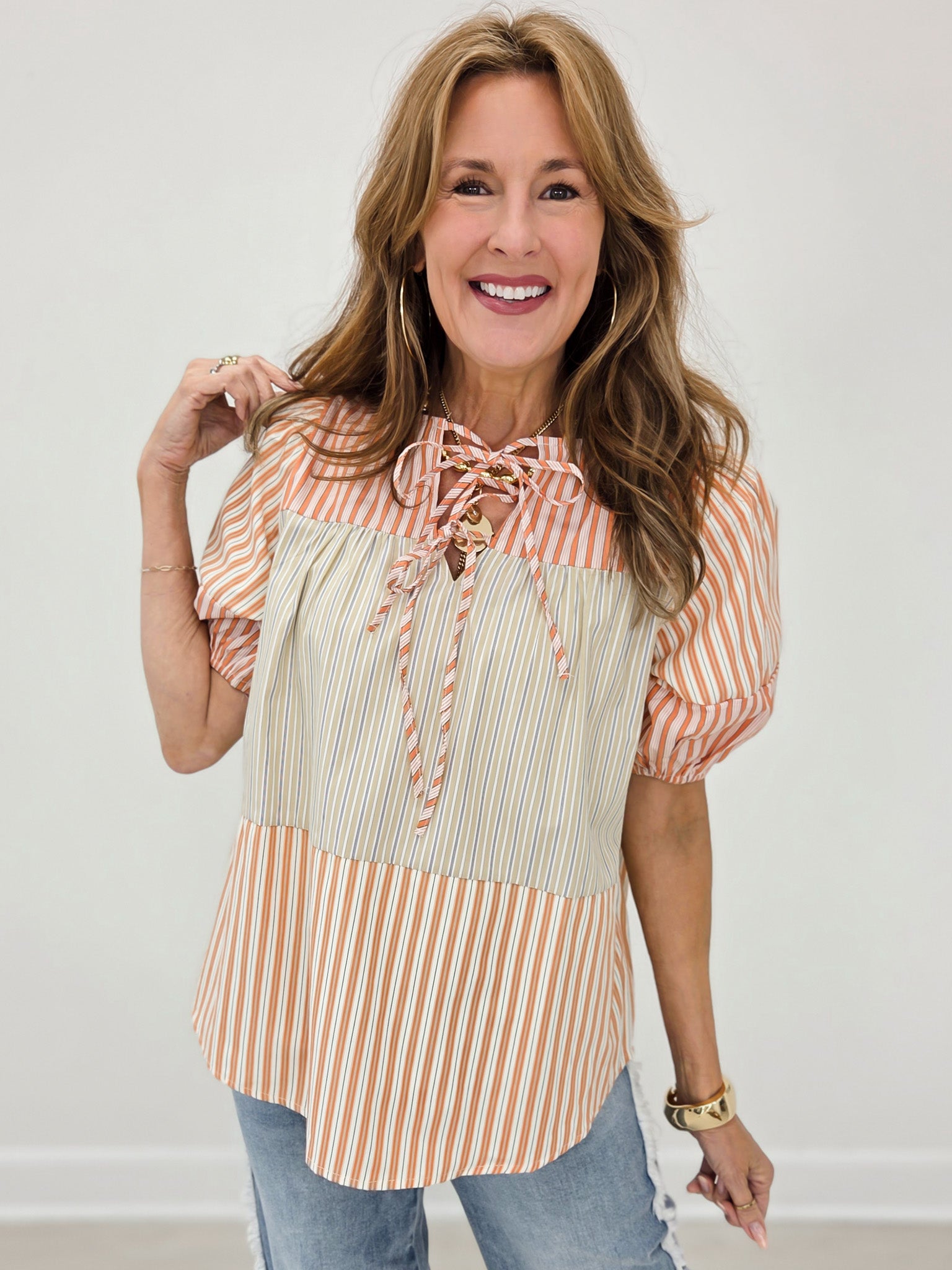 Short Sleeve Color Block Mix Woven Top