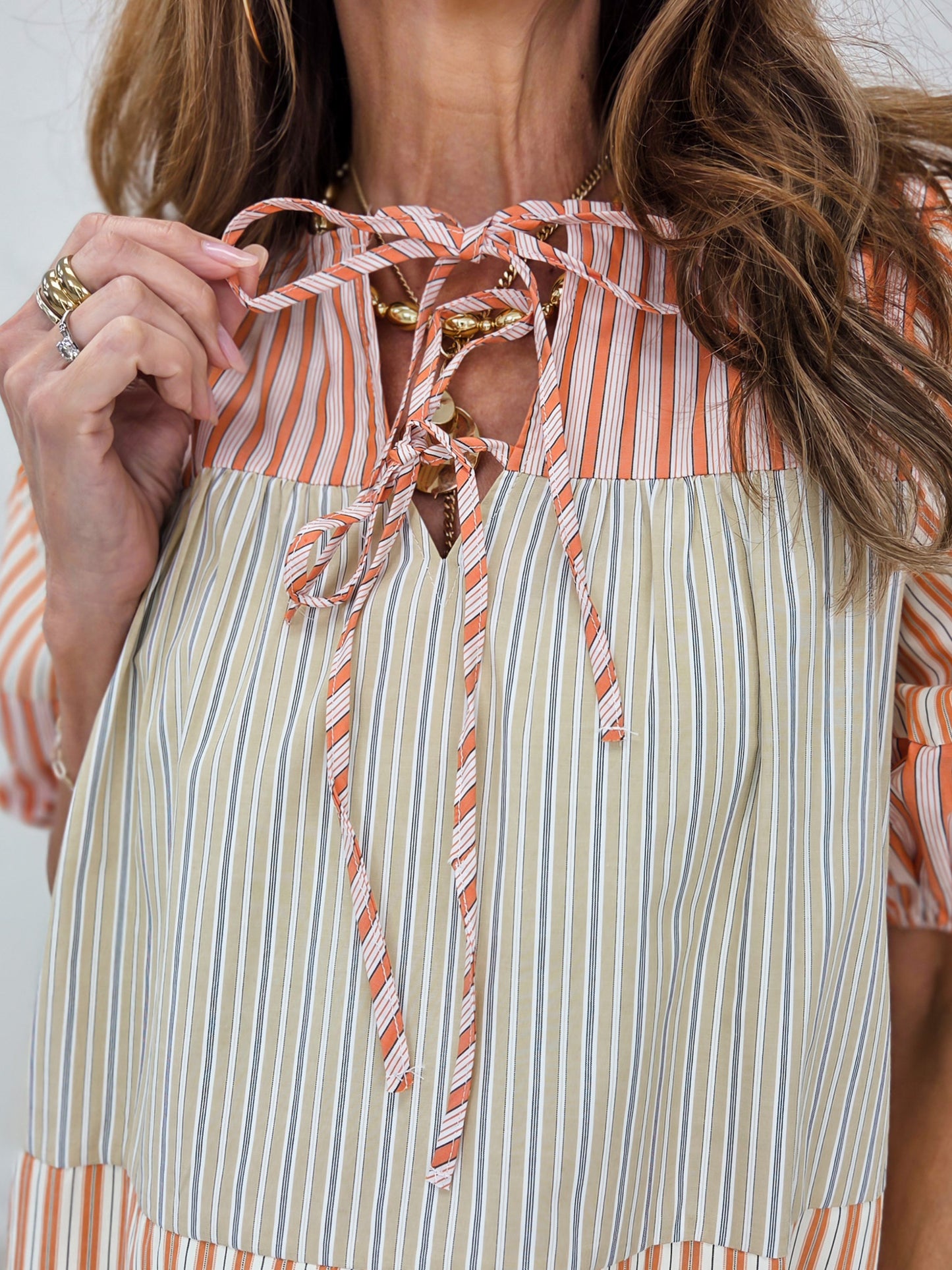 Short Sleeve Color Block Mix Woven Top