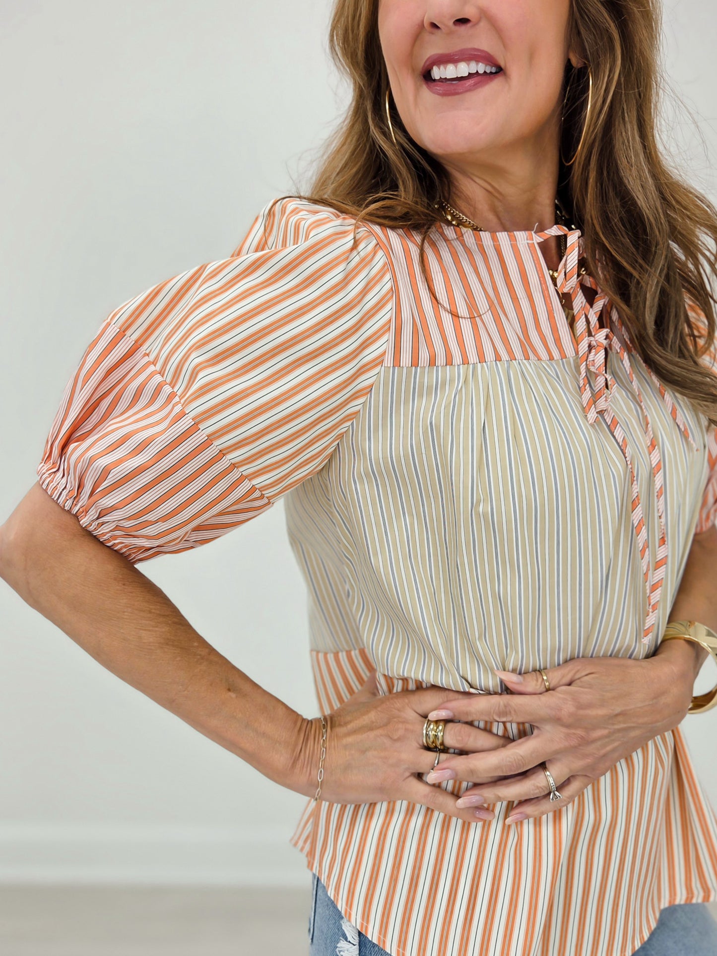 Short Sleeve Color Block Mix Woven Top