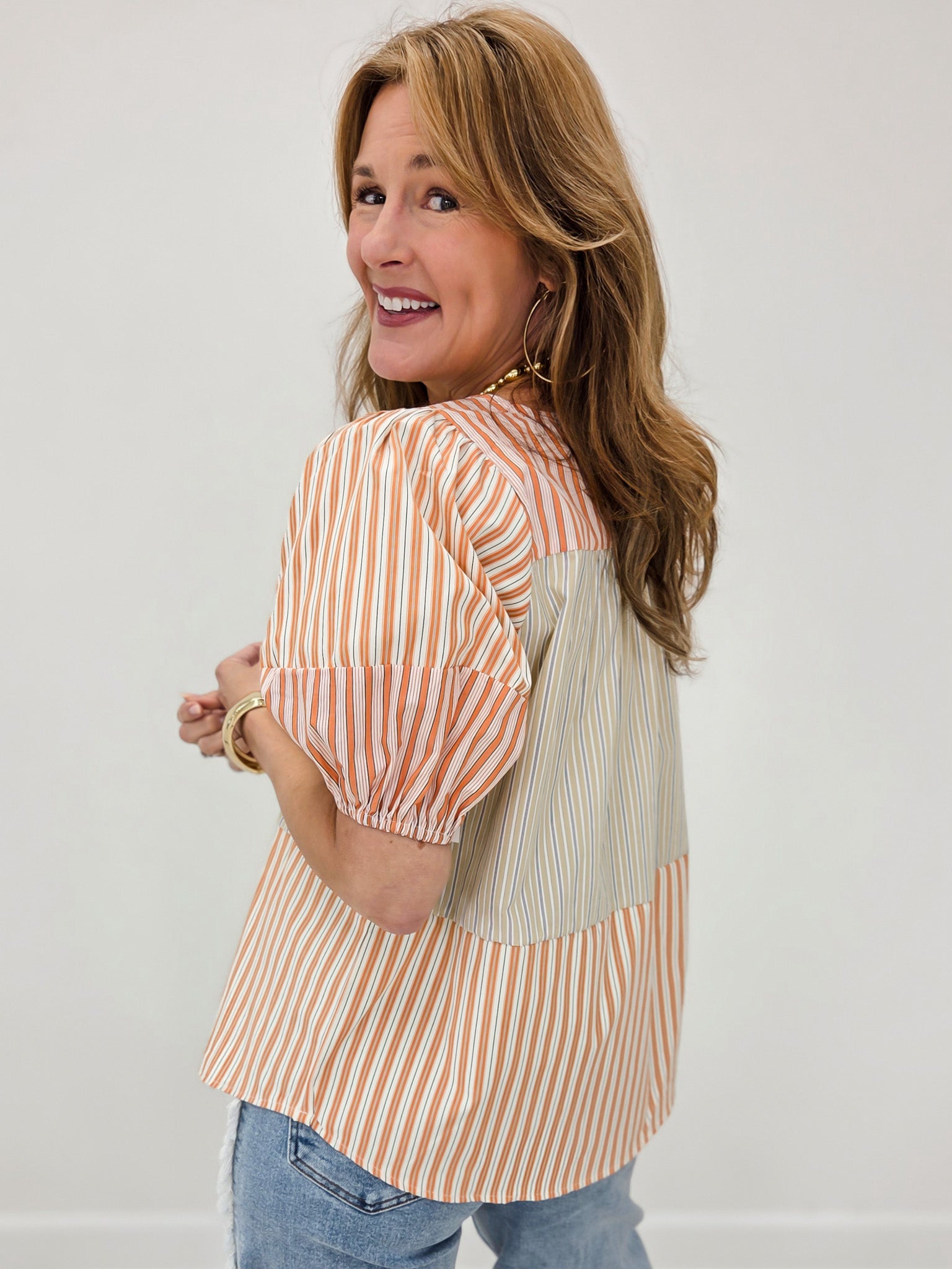 Short Sleeve Color Block Mix Woven Top