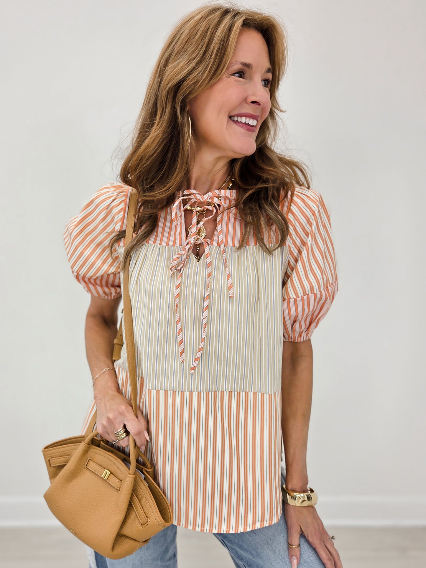 Short Sleeve Color Block Mix Woven Top